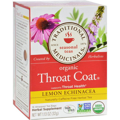 Traditional Medicinals Organic Lemon Echinacea Throat Coat Herbal Tea - 16 Tea Bags - Case Of 6