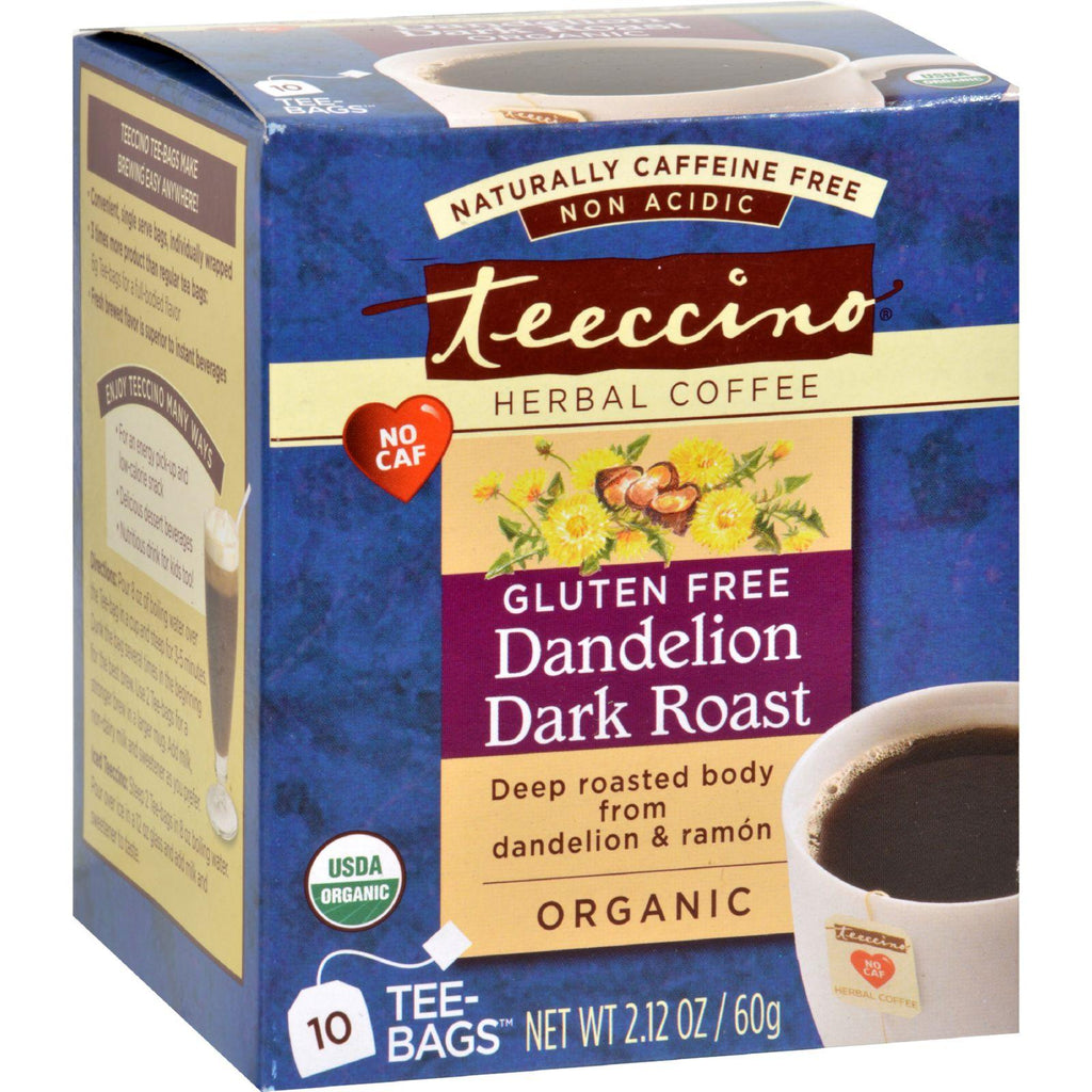 Teeccino Coffee Tee Bags - Organic - Dandelion Dark Roast Herbal - 10 Bags